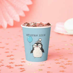 Penguin with a Balloon Personalised Birthday Paper Paper Cups