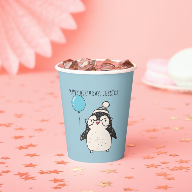 Penguin with a Balloon Personalised Birthday Paper Paper Cups (Insitu)