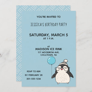 Penguin with a Balloon Personalised Birthday Party Invitation