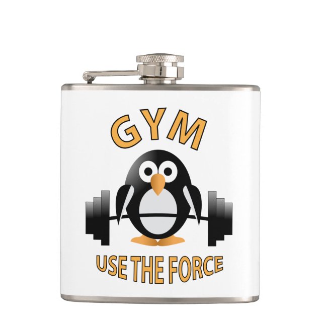 Penguin with a barbell hip flask (Front)