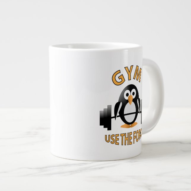Penguin with a barbell large coffee mug (Front Right)