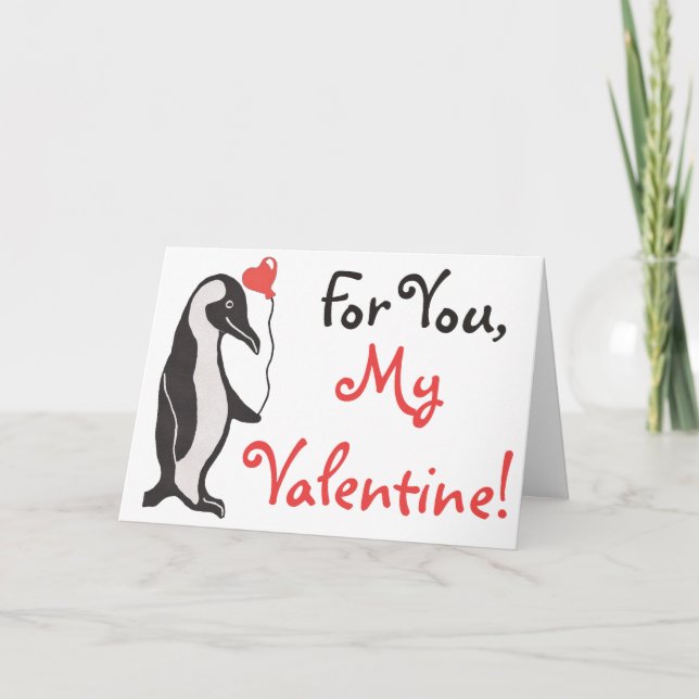 Penguin with a Heart Balloon Valentine's Day Card (Front)