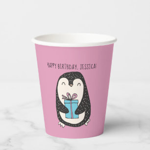Penguin with a Present Personalised Birthday Paper Paper Cups