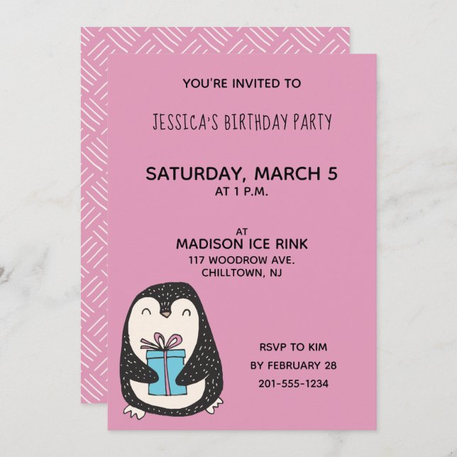 Penguin with a Present Personalised Birthday Party Invitation (Front/Back)