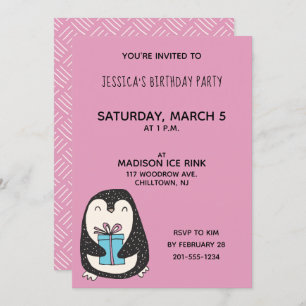 Penguin with a Present Personalised Birthday Party Invitation
