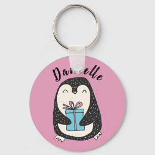 Penguin with a Present Personalized PInk Key Ring