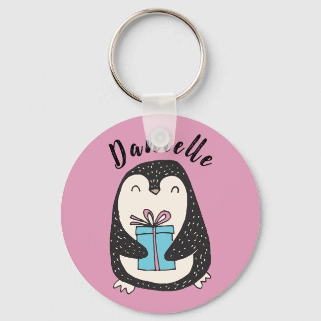 Penguin with a Present Personalized PInk Key Ring (Front)