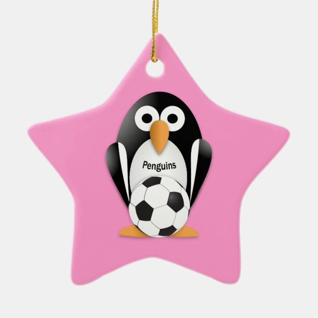 Penguin with a soccer ball ceramic tree decoration (Front)