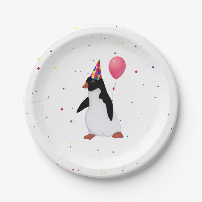 Penguin With Balloon Birthday Party Paper Plates (Front)