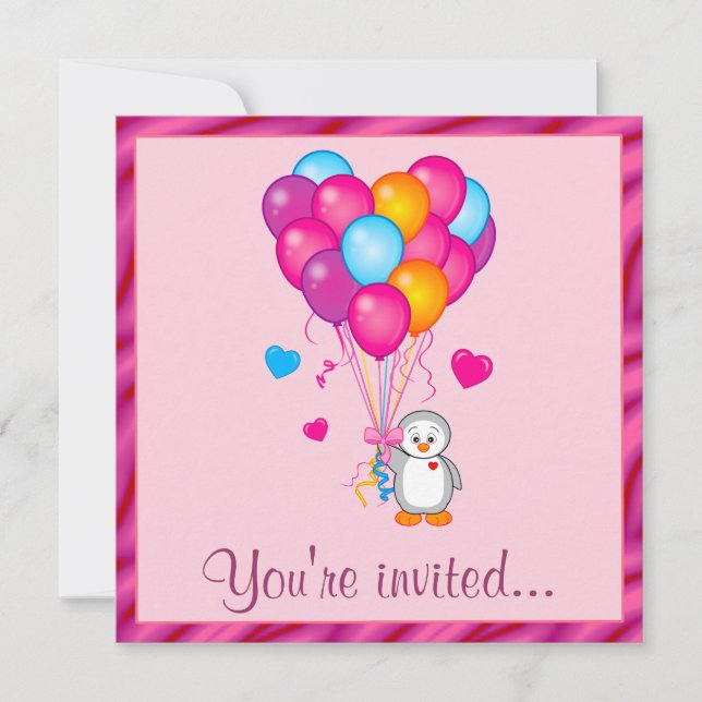 Penguin with Balloons Birthday Party Invitation (Front)