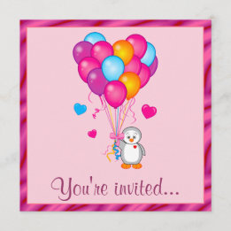Penguin with Balloons Birthday Party Invitation