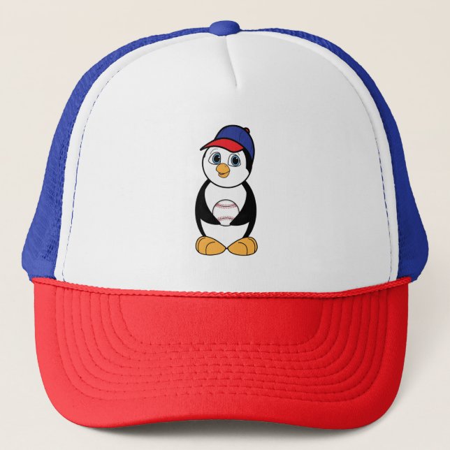 Penguin with Baseball Red, White and Blue Trucker Hat (Front)