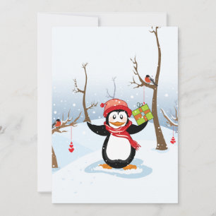 Penguin with Christmas gift winter landscape Holiday Card