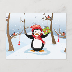 Penguin with Christmas gift winter landscape Holiday Postcard
