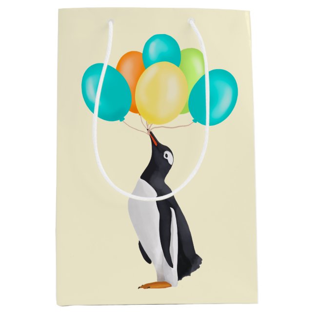 Penguin With Colourful Balloons Birthday Medium Gift Bag (Front)