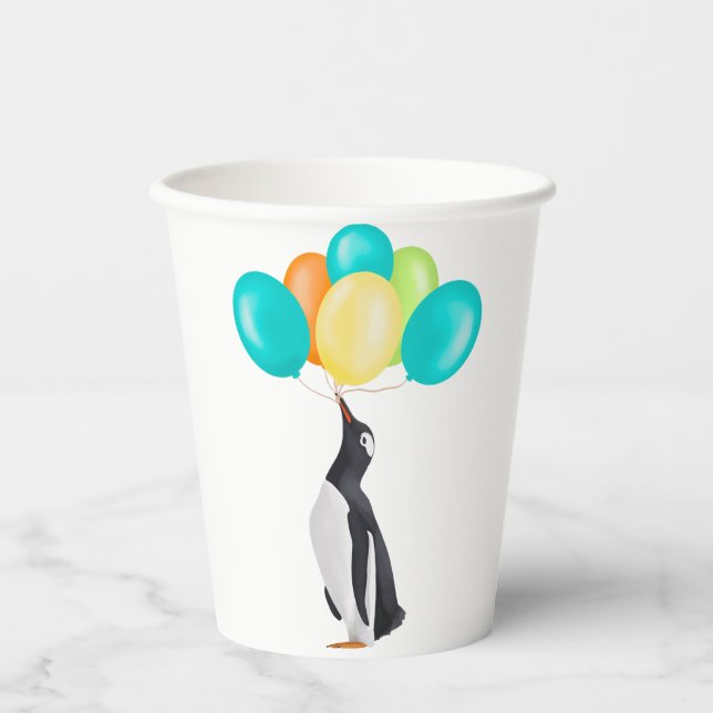 Penguin With Colourful Balloons Paper Cups (Front)