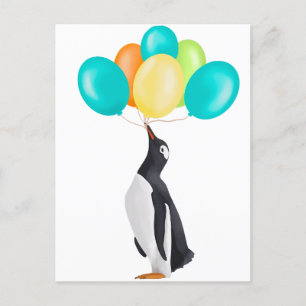 Penguin With Colourful Balloons Postcard
