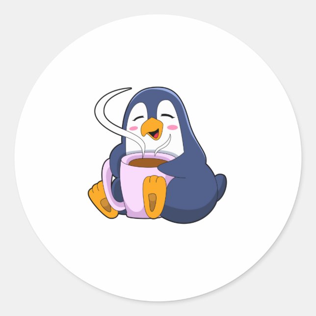 Penguin with Cup of Coffee Classic Round Sticker (Front)