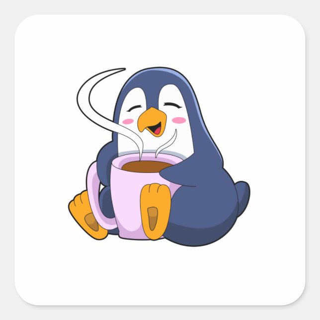 Penguin with Cup of Coffee Square Sticker (Front)