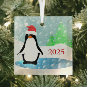 Penguin With Cute Funny Red Santa Hat Christmas Glass Tree Decoration