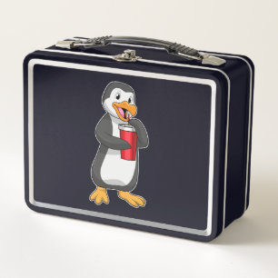 Penguin with Drinking cup with Straw Metal Lunch Box
