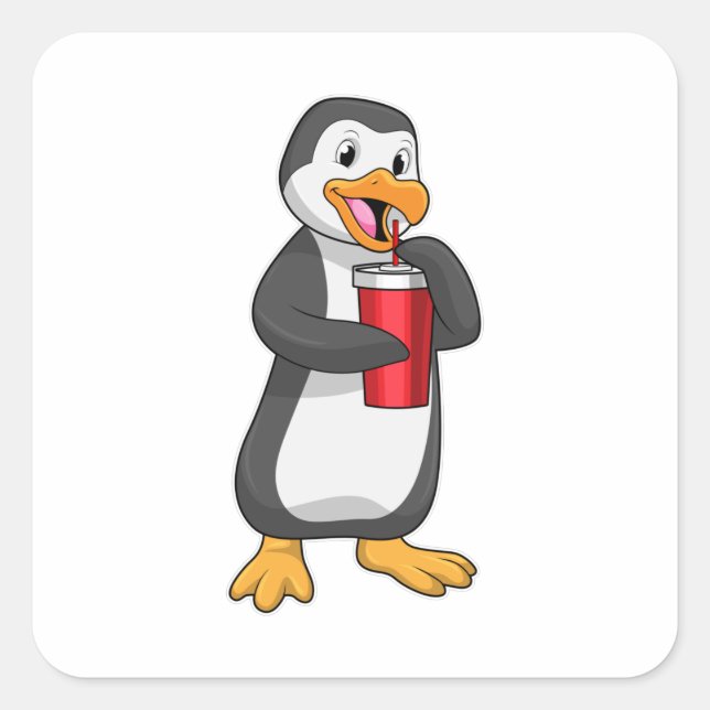 Penguin with Drinking cup with Straw Square Sticker (Front)