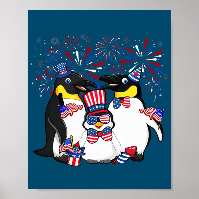 Penguin With Fireworks Sunglasses Hat Merica 4th Poster (Front)