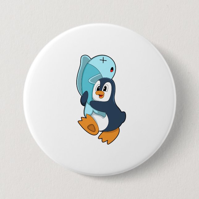 Penguin with Fish 7.5 Cm Round Badge (Front)