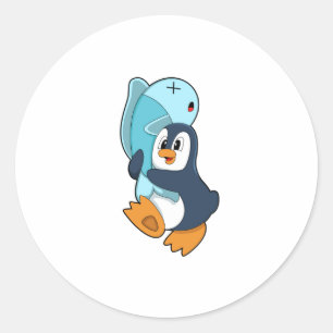 Penguin with Fish Classic Round Sticker