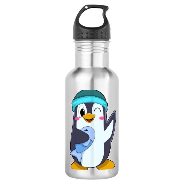 Penguin with Fish & Hat 710 Ml Water Bottle (Front)