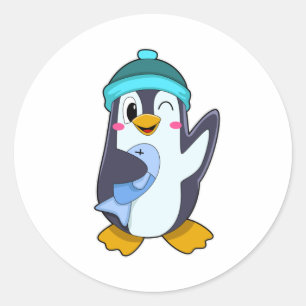 Penguin with Fish & Hat Classic Round Sticker