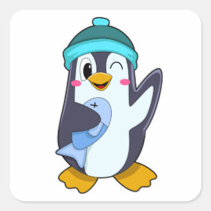 Penguin with Fish & Hat Square Sticker