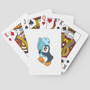 Penguin with Fish Playing Cards