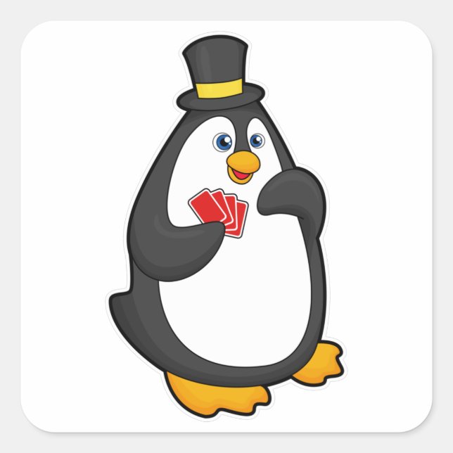 Penguin with Hat at Poker with Poker cards Square Sticker (Front)