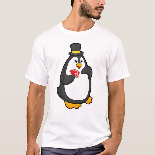 Penguin with Hat at Poker with Poker cards T-Shirt (Front)