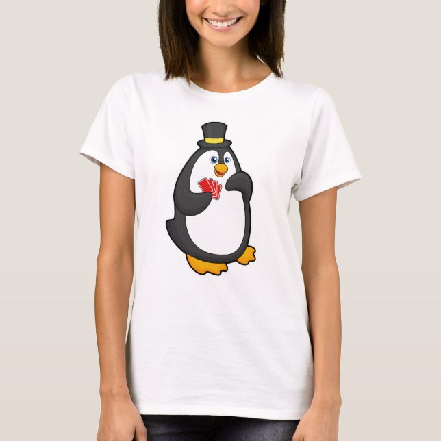 Penguin with Hat at Poker with Poker cards T-Shirt (Front)