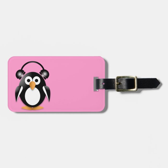 Penguin with headphones luggage tag (Front Horizontal)