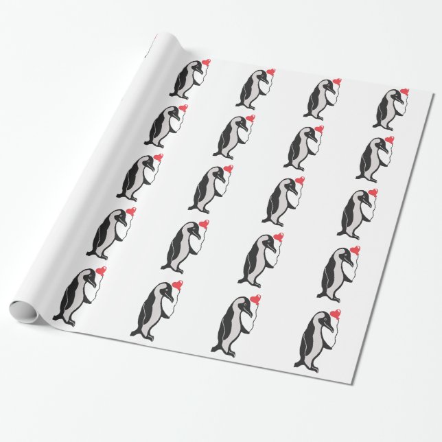 Penguin with Heart Balloon Pattern Wrapping Paper (Unrolled)