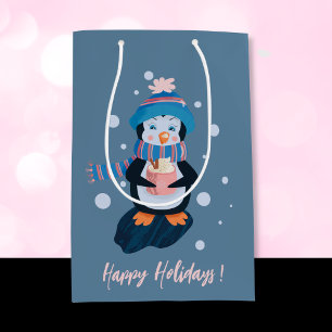 Penguin with Hot Cocoa Blue Holiday Gift Bag