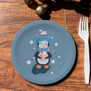 Penguin with Hot Cocoa Blue Holiday Paper Plate