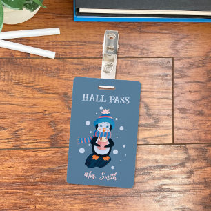 Penguin with Hot Cocoa Winter Blue Hall Pass Badge ID Badge