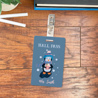 Penguin with Hot Cocoa Winter Blue Hall Pass Badge ID Badge