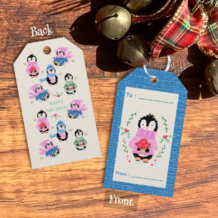 Penguin with Poinsettia Pot Blue Holiday Gift Tag