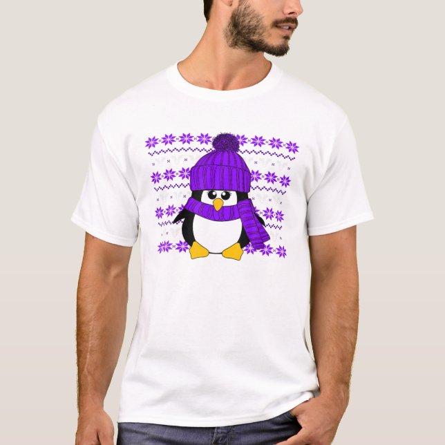 Penguin With Purple Hat And Scarf Ugly Christmas S T-Shirt (Front)