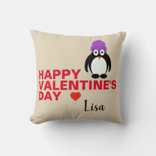 Penguin With Purple Hat Valentine's Day Cushion