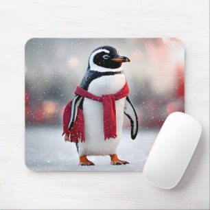 Penguin With Red Scarf In Snowflakes Mouse Mat