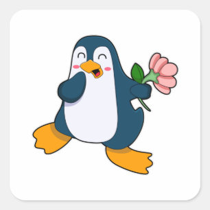 Penguin with rosa Flower Square Sticker