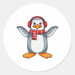 Penguin with Scarf & Headphone Classic Round Sticker