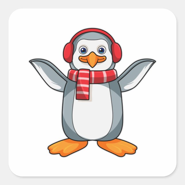 Penguin with Scarf & Headphone Square Sticker (Front)