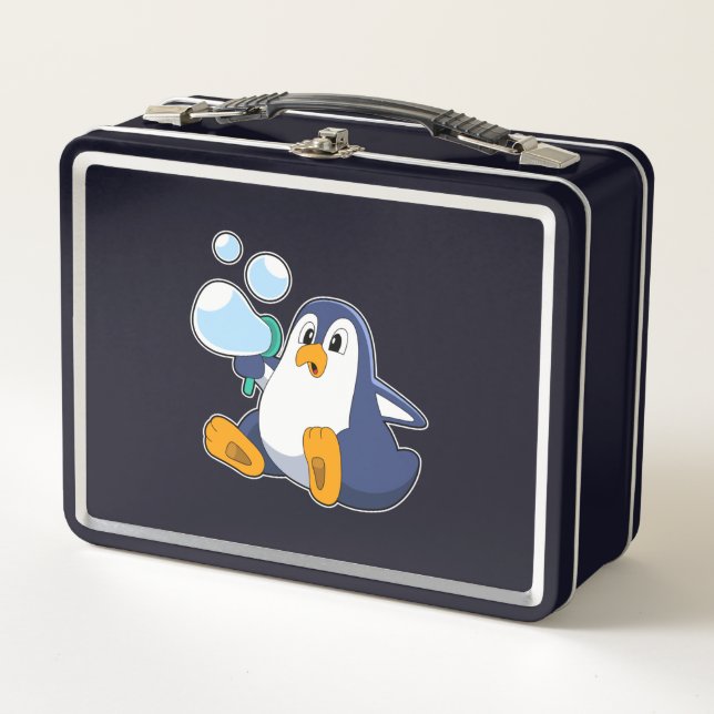 Penguin with Soap bubbles.PNG Metal Lunch Box (Front)